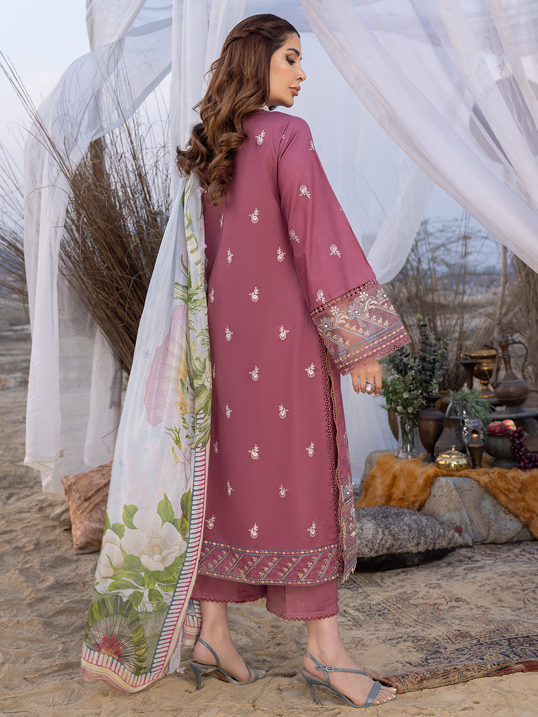 IZEL - 3PC DHANAK EMBROIDERED SHIRT WITH COUTURE SHAWAL AND TROUSER-BIC-3152