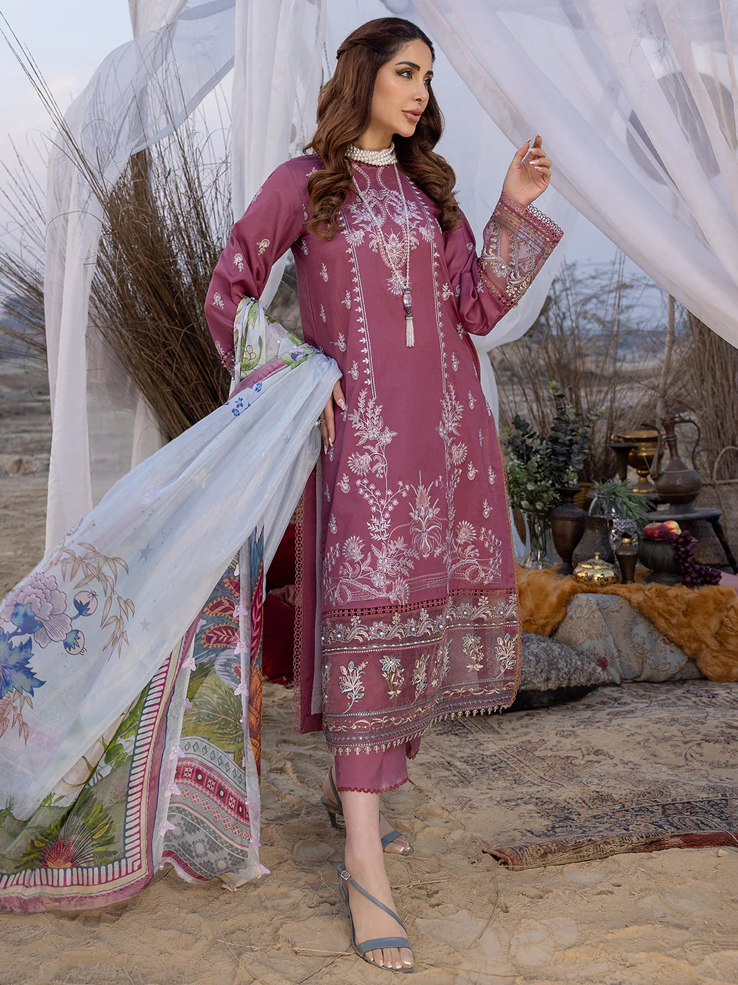 IZEL - 3PC DHANAK EMBROIDERED SHIRT WITH COUTURE SHAWAL AND TROUSER-BIC-3152