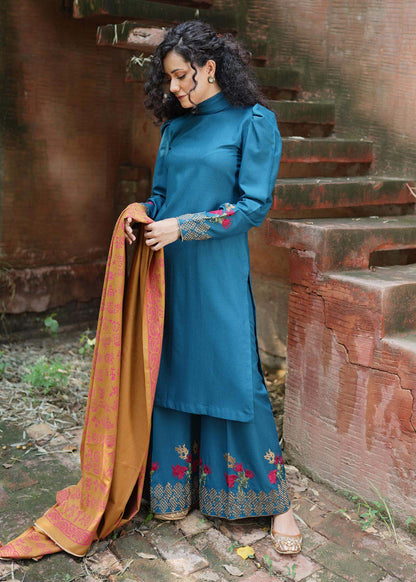 MARIA B - 3PC DHANAK  EMBROIDERED SHIRT WITH WOOL PRINTED SHAWL AND TROUSER-BIC-3246