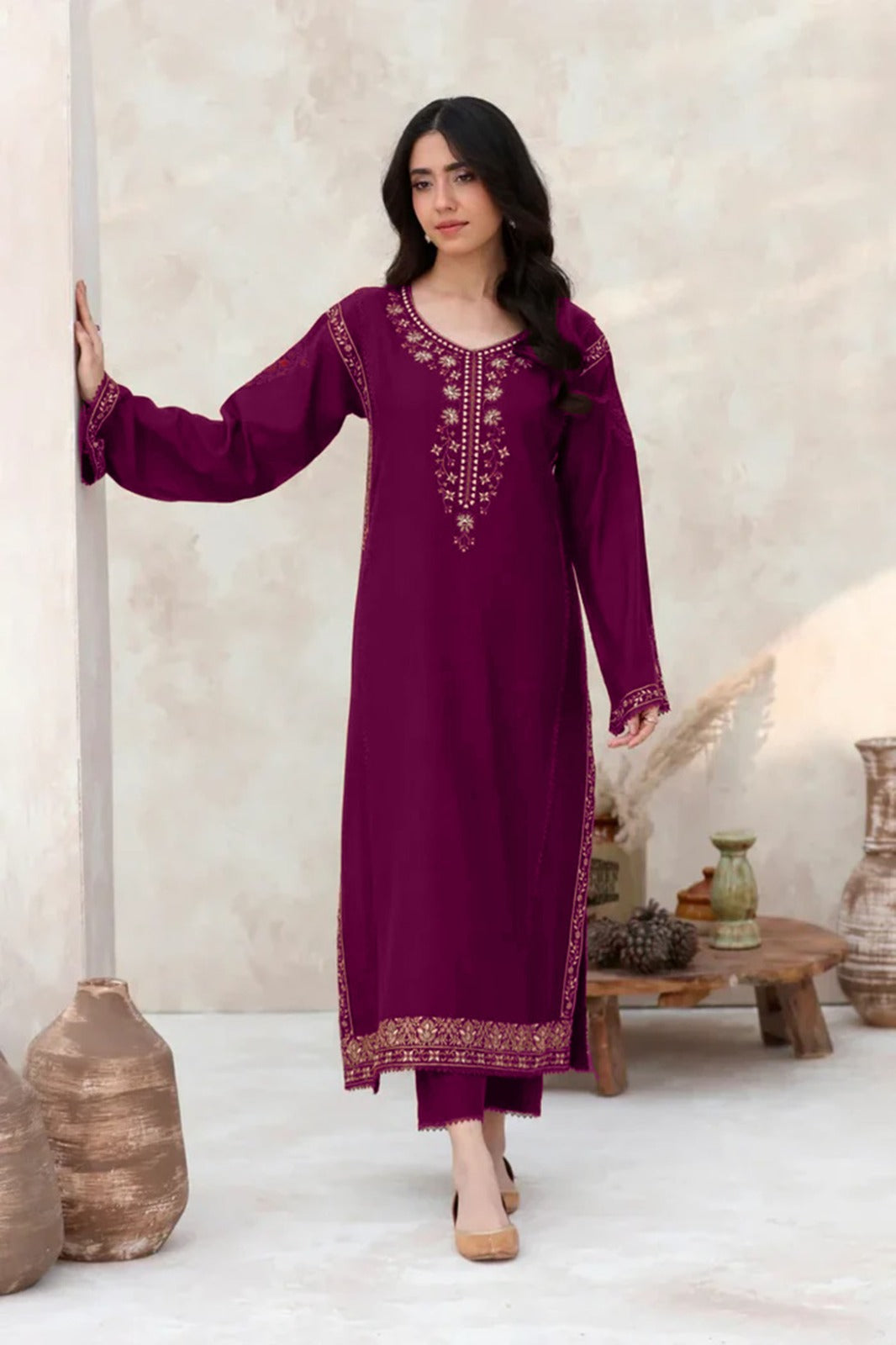 FEROZAE-2PC DHANAK EMBROIDERED SHIRT WITH DHANAK EMBROIDERED SLEEVES-BIC-3417 PLUM