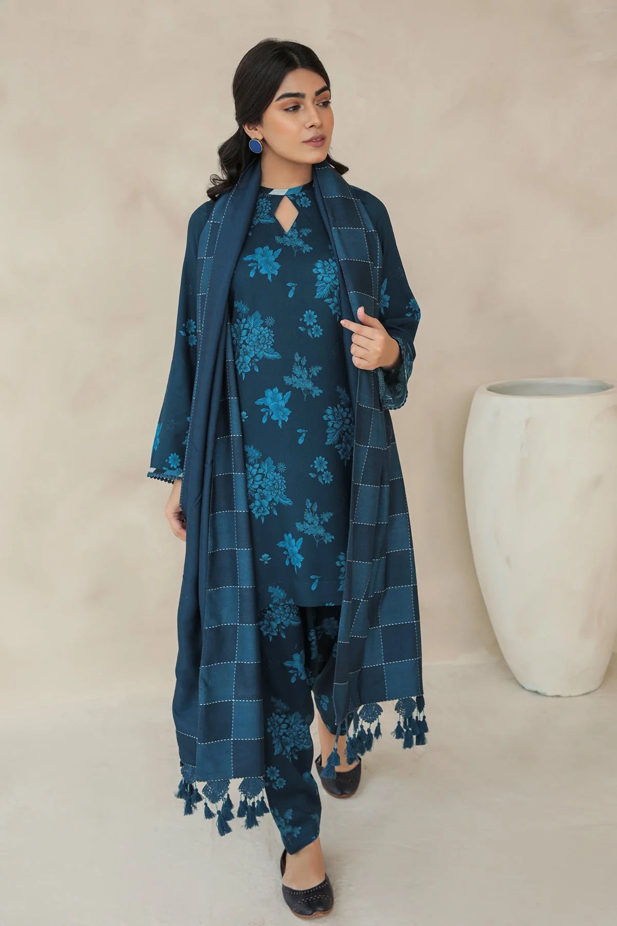 BAROQUE - 3PC KARANDI PRINTED SHIRT WITH KARANDI PRINTED DUAPTTA AND TROUSER  -BIC-blue