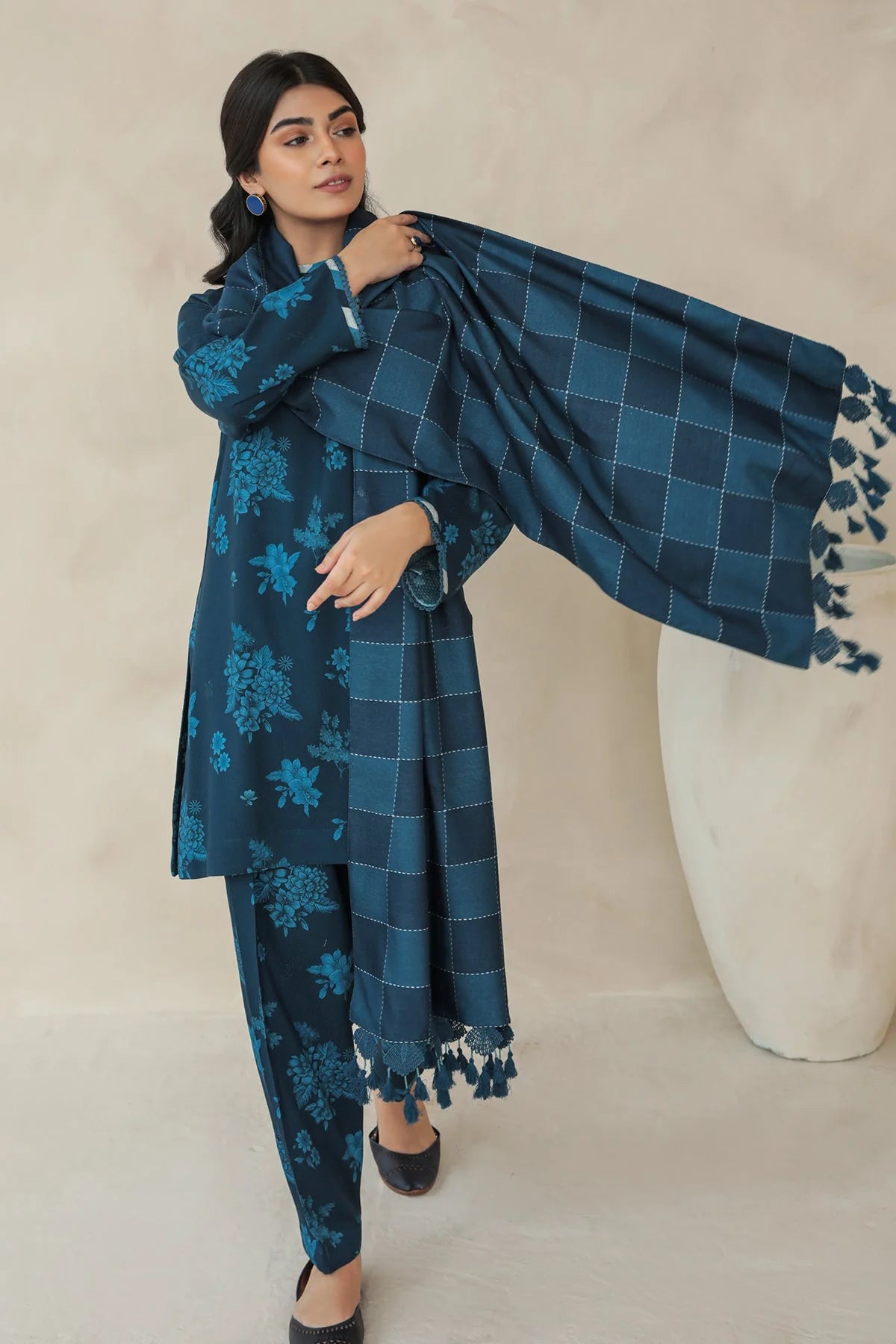 BAROQUE - 3PC KARANDI PRINTED SHIRT WITH KARANDI PRINTED DUAPTTA AND TROUSER  -BIC-blue