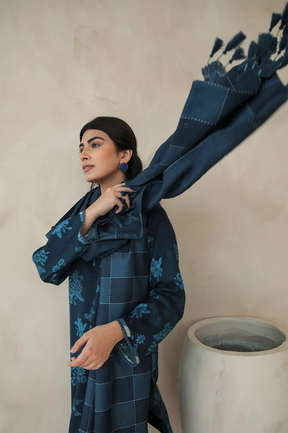 BAROQUE - 3PC KARANDI PRINTED SHIRT WITH KARANDI PRINTED DUAPTTA AND TROUSER  -BIC-blue