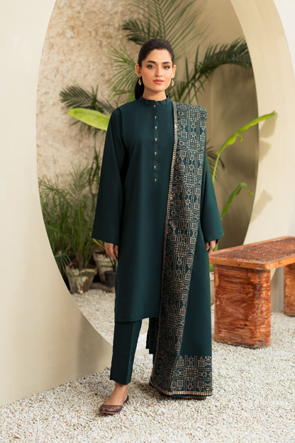 KASTOOR-3PC DHANAK SHIRT WITH WOOL PRINTED SHAWL AND TROUSER-BIC-3415