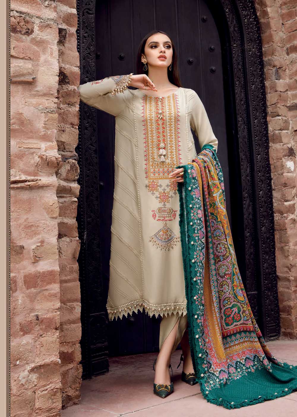 MARIA B - 3PC DHANAK EMBROIDERED SHIRT WITH COUTURE WOOL PRINTED SHAWL AND TROUSER-BIC-3109