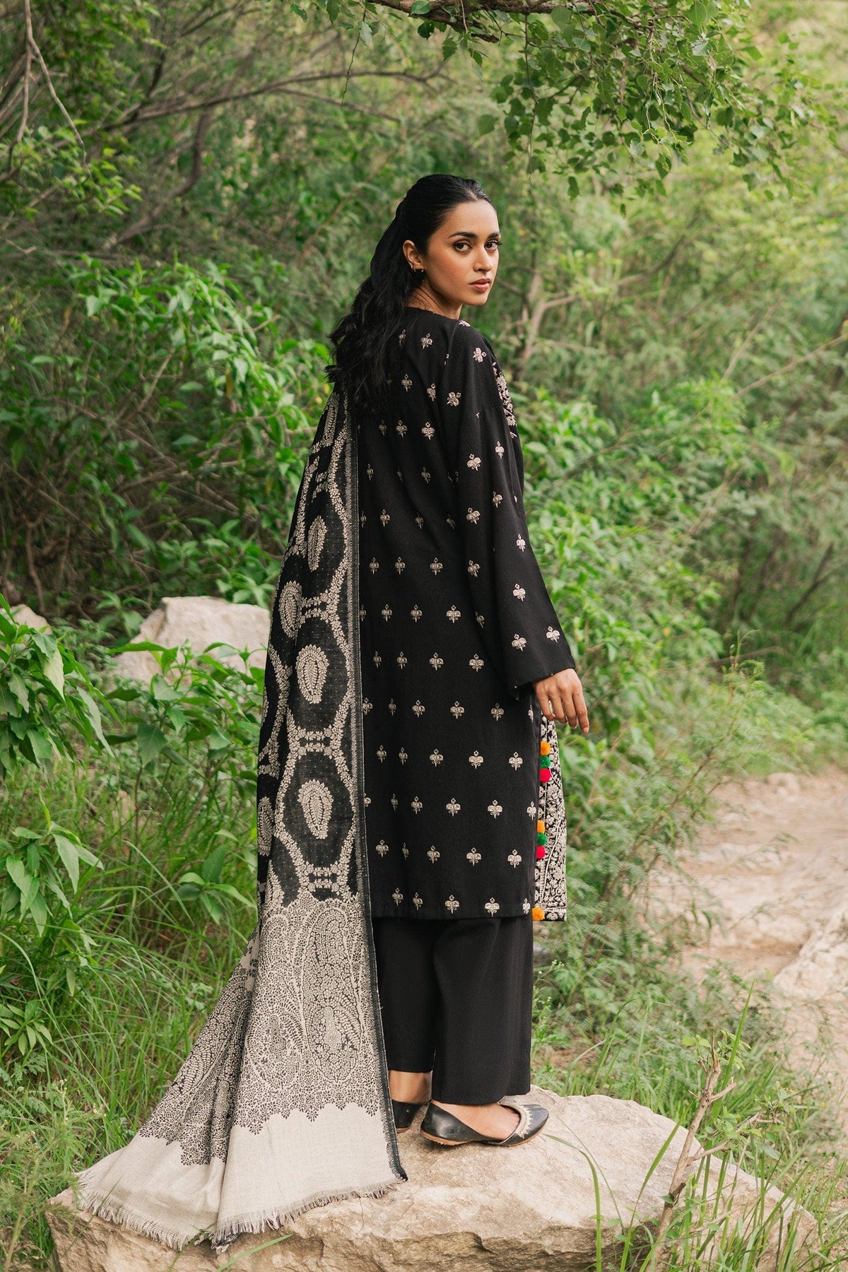 Jazmin- 3PC Dhanak Embroidered Shirt With Dhanak Twil Print Wool Shawl & Trouser-BIC-3312