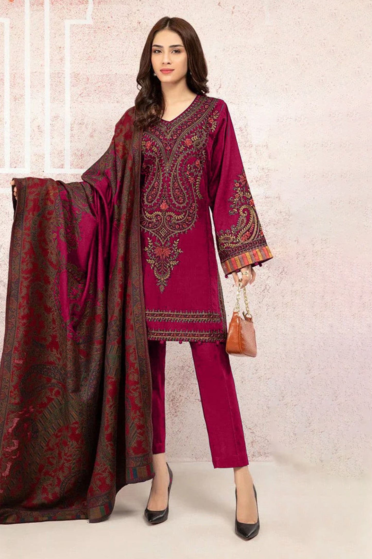 MARIA B-3PC KHADDAR EMBROIDRED SHIRT WITH WOOL PRINT SHAWL AND TROUSER-BIC-3268 A