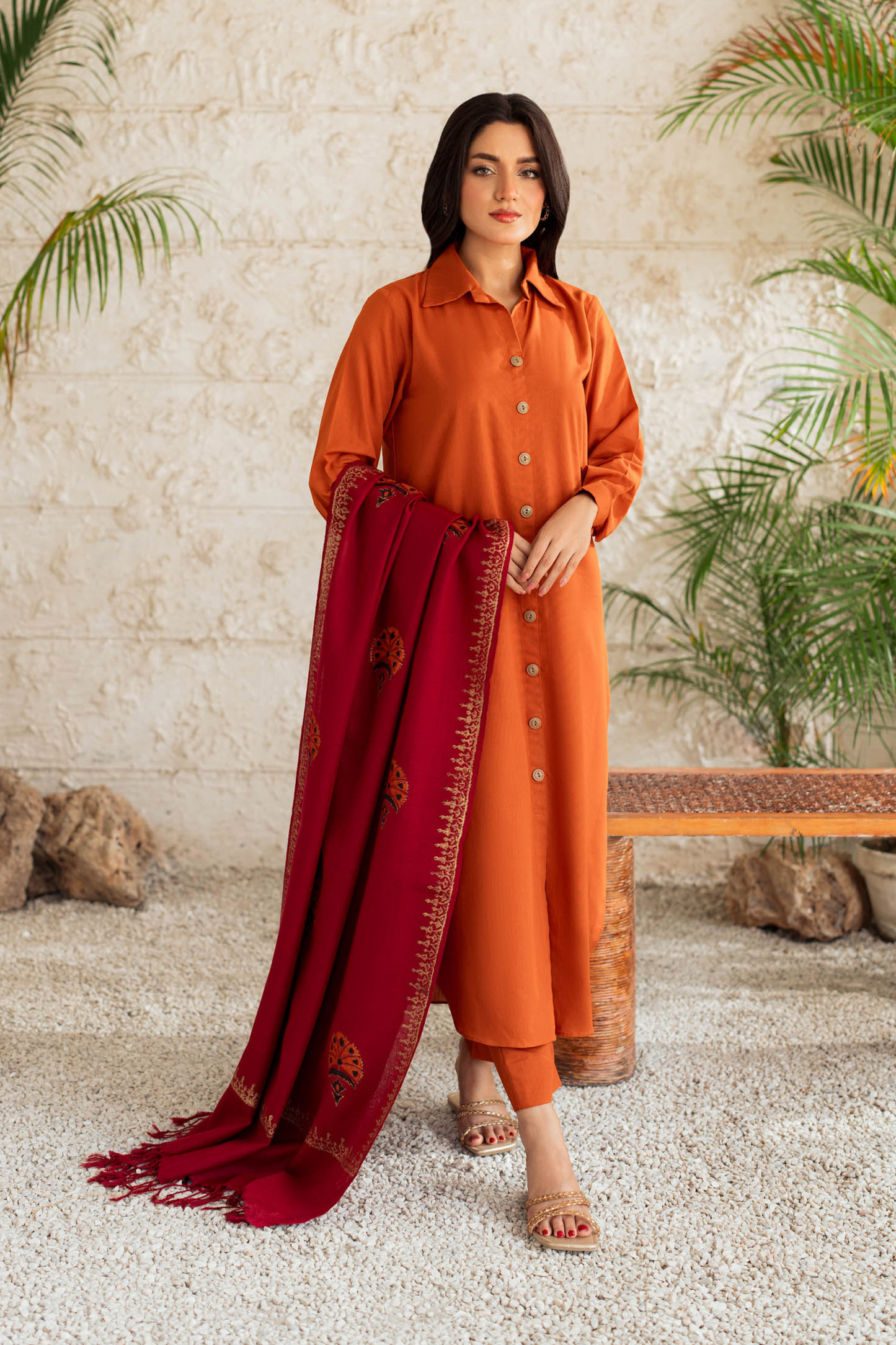 KASTOOR-3PC DHANAK SHIRT WITH WOOL PRINTED SHAWL AND TROUSER-BIC-3421