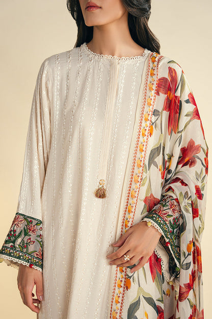 JAZMIN-3PC KHADDAR EMBROIDRED SHIRT WITH WOOL PRINT SHAWL AND TROUSER-BIC-3248