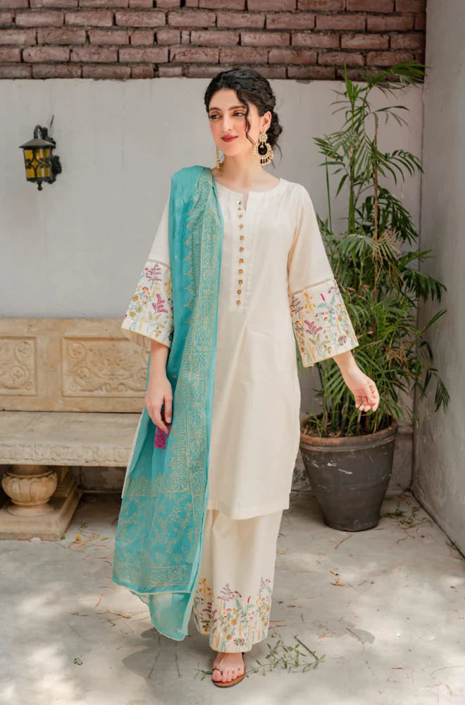 ASLING - 3PC DHANAK EMBROIDERED SHIRT WITH COUTURE WOOL PRINT SHAWL AND TROUSER-BIC-3116