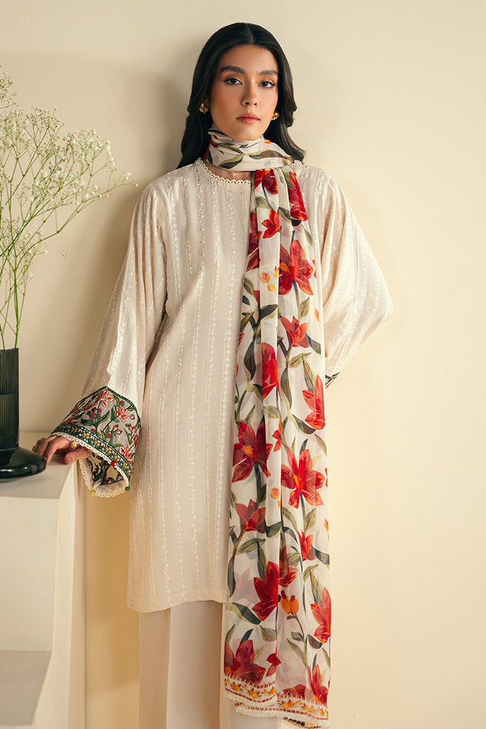 JAZMIN-3PC KHADDAR EMBROIDRED SHIRT WITH WOOL PRINT SHAWL AND TROUSER-BIC-3248