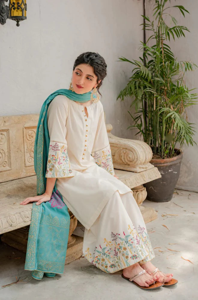 ASLING - 3PC DHANAK EMBROIDERED SHIRT WITH COUTURE WOOL PRINT SHAWL AND TROUSER-BIC-3116