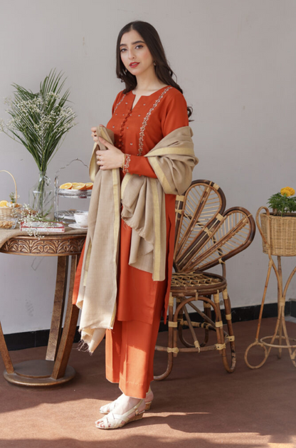 ASLING - 3PC DHANAK EMBROIDERED SHIRT DHANAK  DUPATTA AND TROUSER-BIC-3185