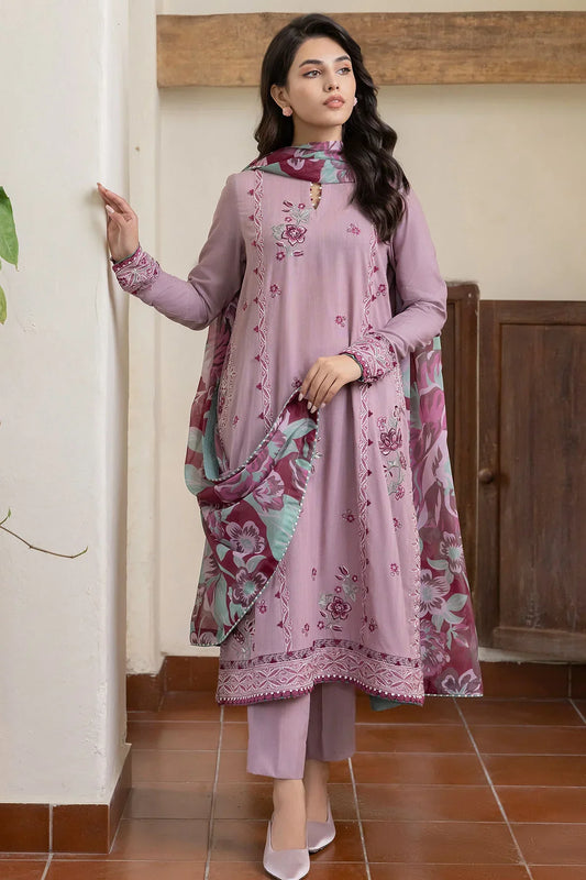 JAZMIN - 3PC DHANAK EMBROIDERED SHIRT WITH WOOL PRINTED SHAWL AND TROUSER-BIC-3285