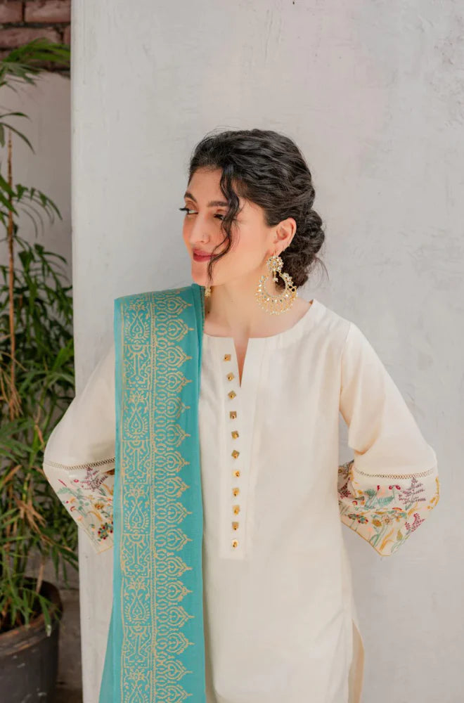 ASLING - 3PC DHANAK EMBROIDERED SHIRT WITH COUTURE WOOL PRINT SHAWL AND TROUSER-BIC-3116