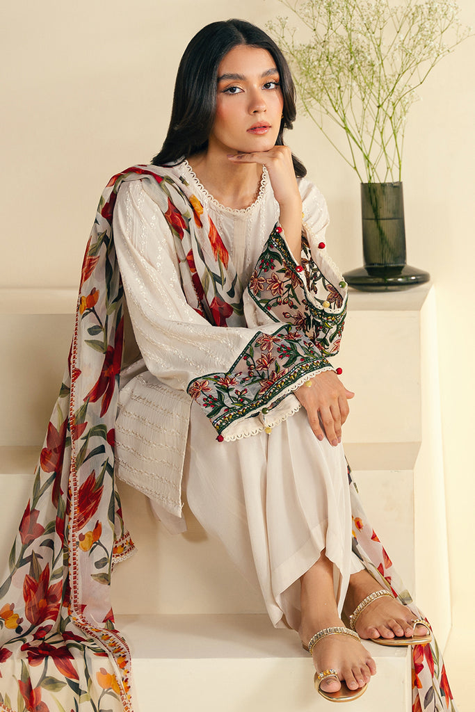 JAZMIN-3PC KHADDAR EMBROIDRED SHIRT WITH WOOL PRINT SHAWL AND TROUSER-BIC-3248