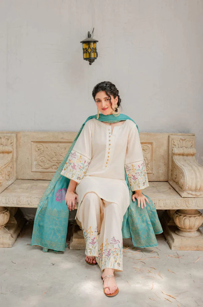 ASLING - 3PC DHANAK EMBROIDERED SHIRT WITH COUTURE WOOL PRINT SHAWL AND TROUSER-BIC-3116