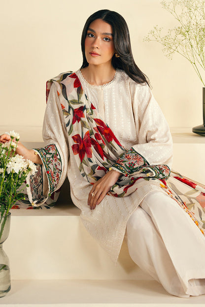 JAZMIN-3PC KHADDAR EMBROIDRED SHIRT WITH WOOL PRINT SHAWL AND TROUSER-BIC-3248