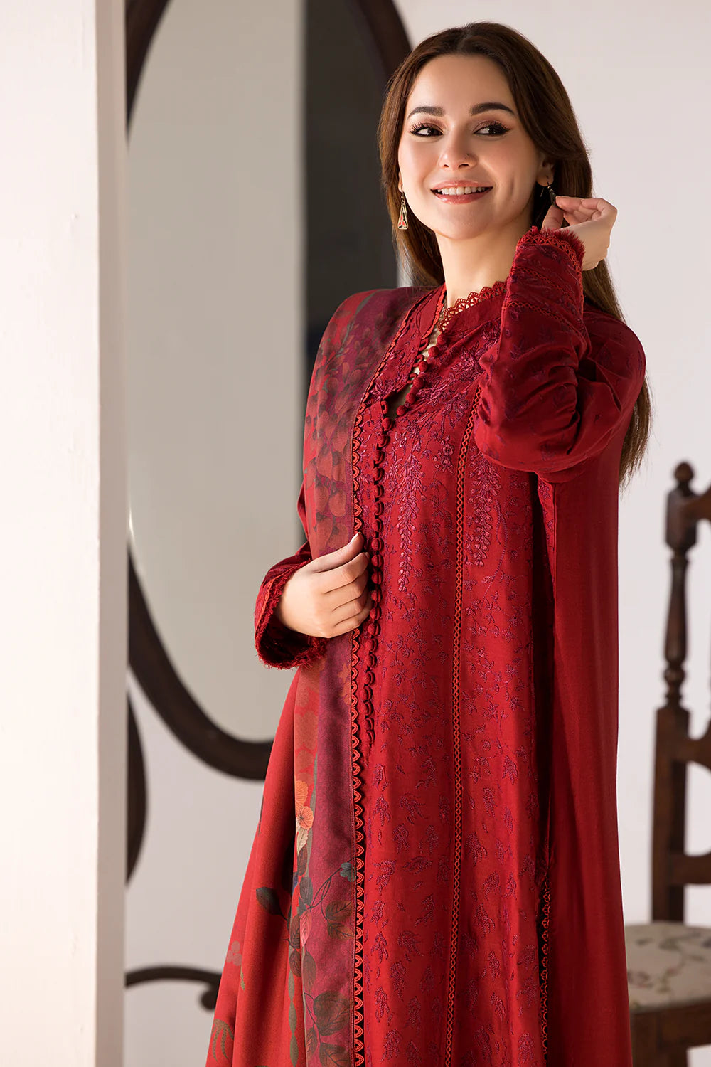 SOBIA NAZIR - 3PC DHANAK EMBROIDERED SHIRT WITH WOOL PRINTED SHAWL AND TROUSER-BIC-3356 A