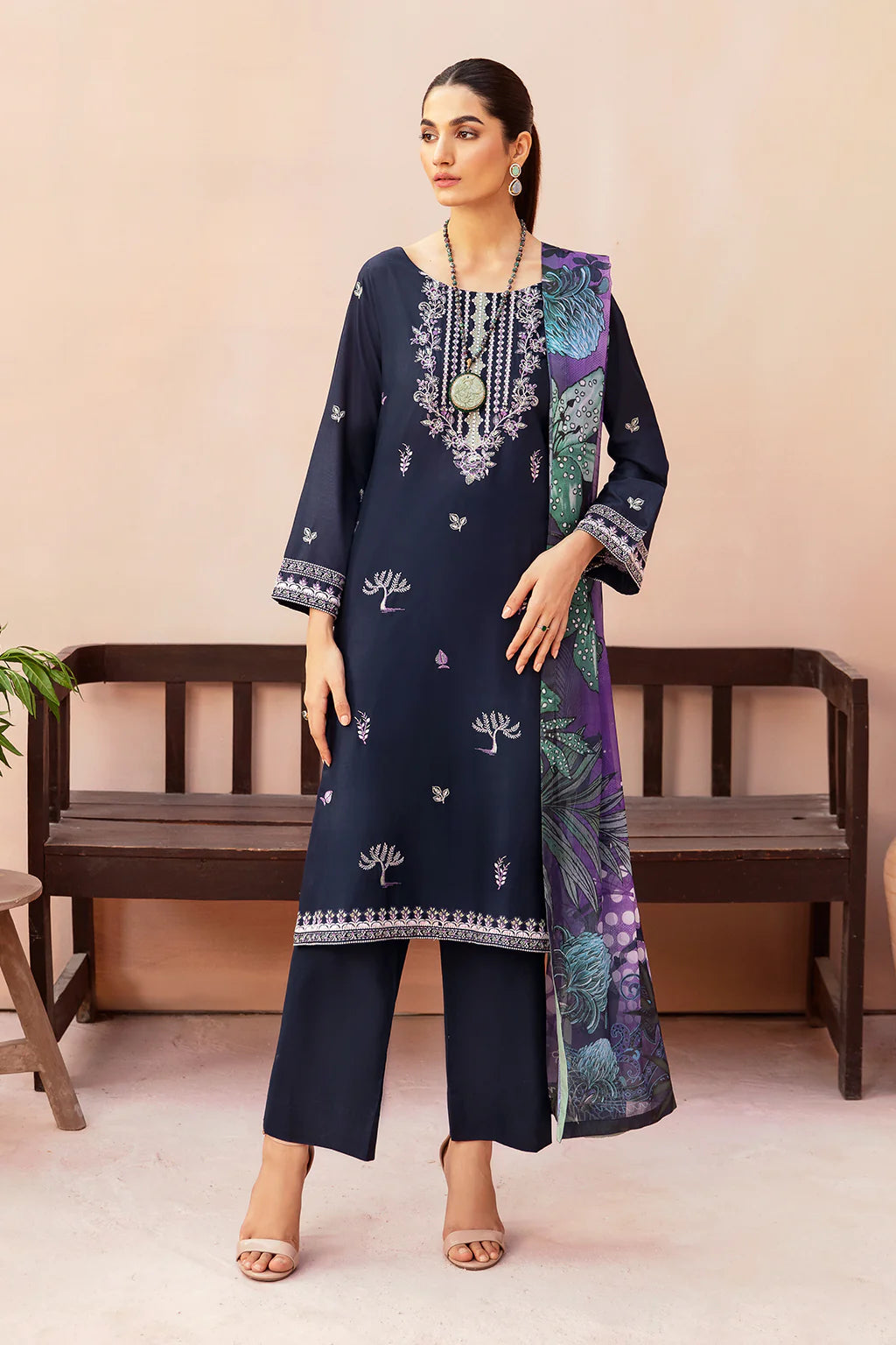 AFSANAH-3PC DHANAK EMBROIDERED SHIRT WITH COUTURE PRINTED SHAWL & TROUSER-BIC-3323