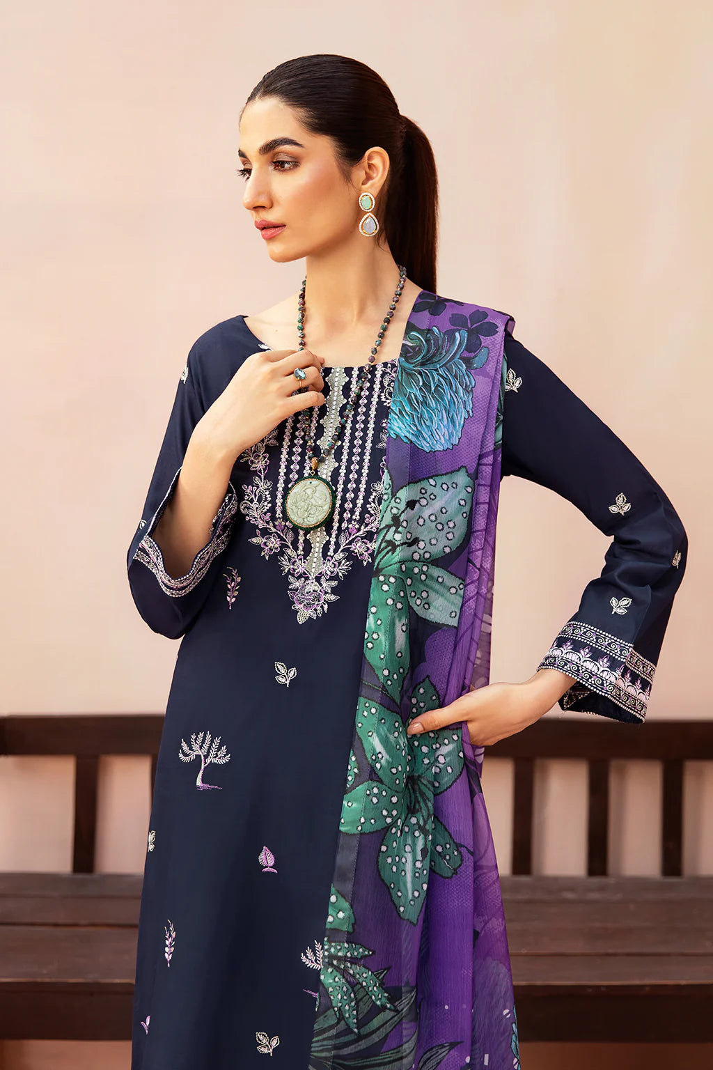 AFSANAH-3PC DHANAK EMBROIDERED SHIRT WITH COUTURE PRINTED SHAWL & TROUSER-BIC-3323