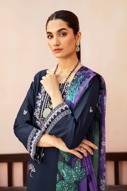 AFSANAH-3PC DHANAK EMBROIDERED SHIRT WITH COUTURE PRINTED SHAWL & TROUSER-BIC-3323