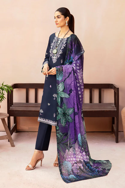 AFSANAH-3PC DHANAK EMBROIDERED SHIRT WITH COUTURE PRINTED SHAWL & TROUSER-BIC-3323