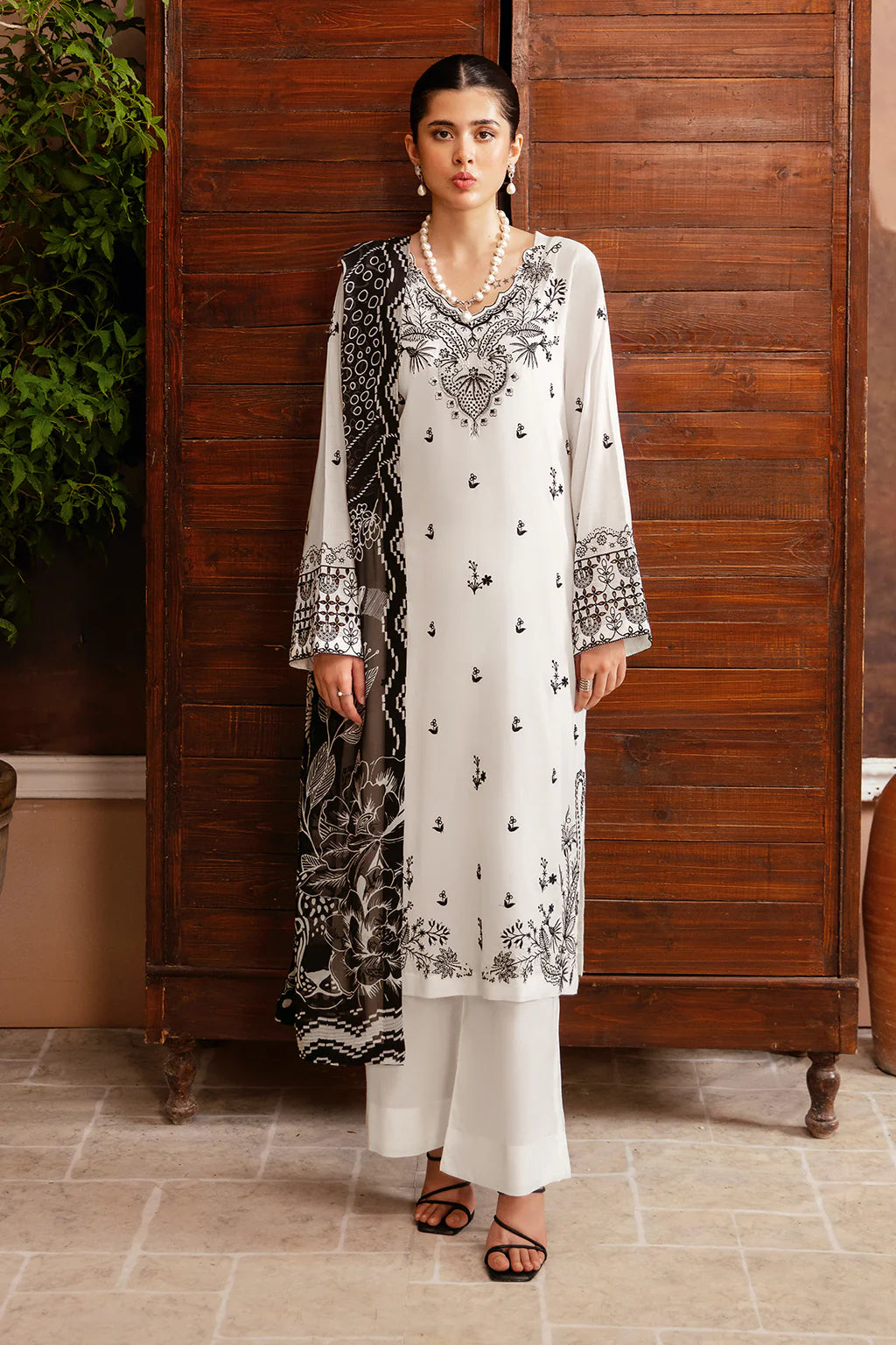 AFSANAH-3PC DHANAK EMBROIDERED SHIRT WITH COUTURE PRINTED SHAWL & TROUSER-BIC-3385