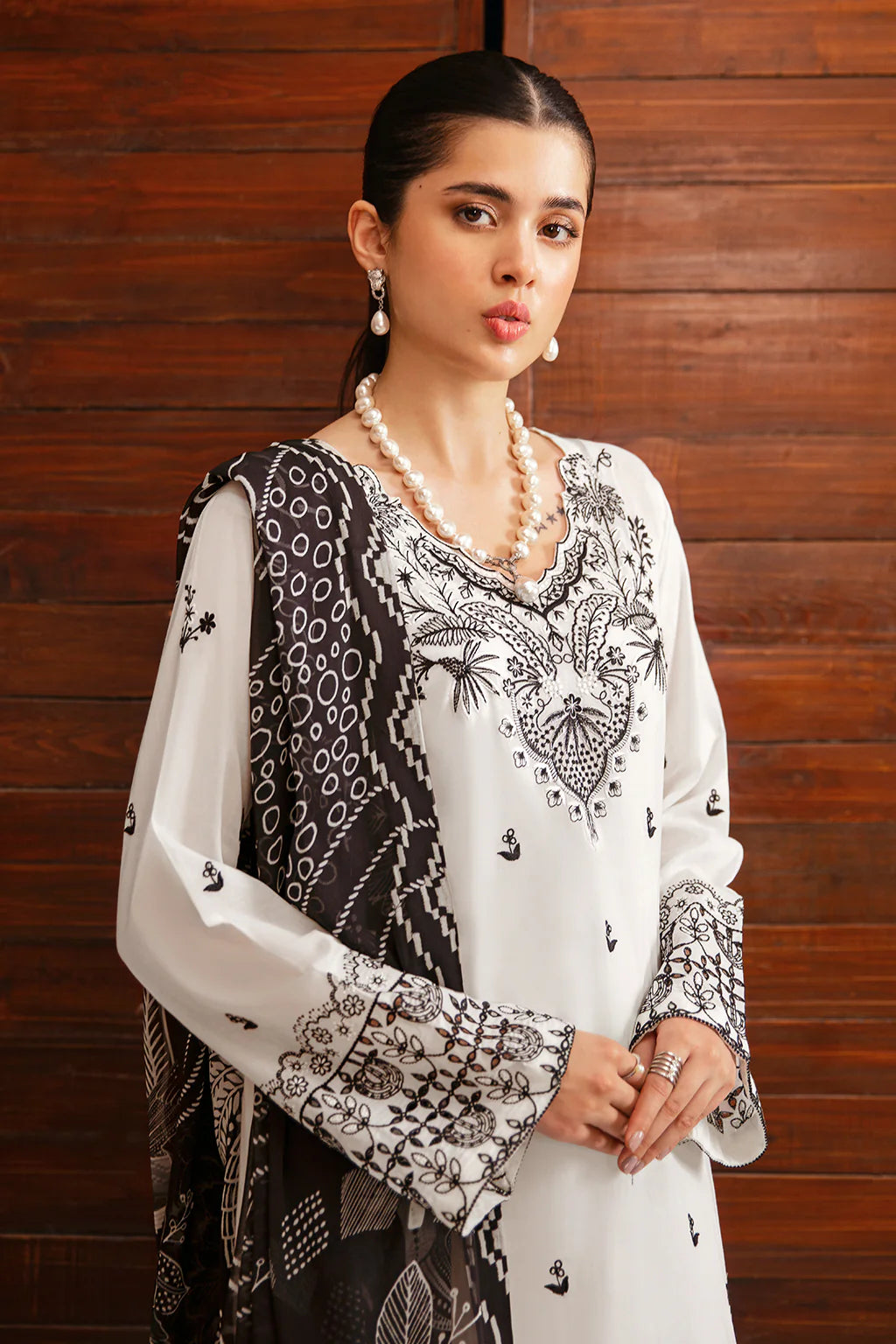 AFSANAH-3PC DHANAK EMBROIDERED SHIRT WITH COUTURE PRINTED SHAWL & TROUSER-BIC-3385