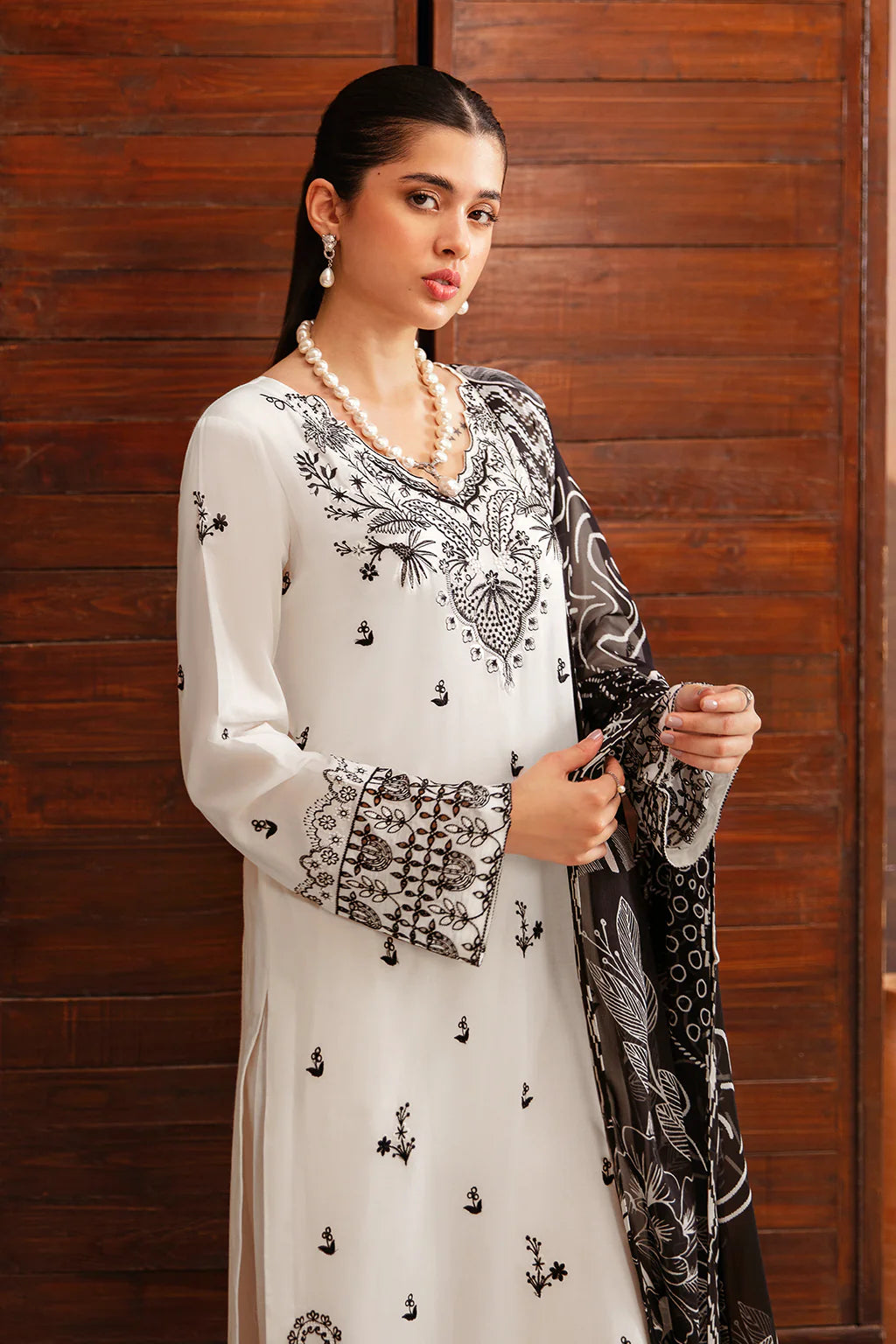 AFSANAH-3PC DHANAK EMBROIDERED SHIRT WITH COUTURE PRINTED SHAWL & TROUSER-BIC-3385