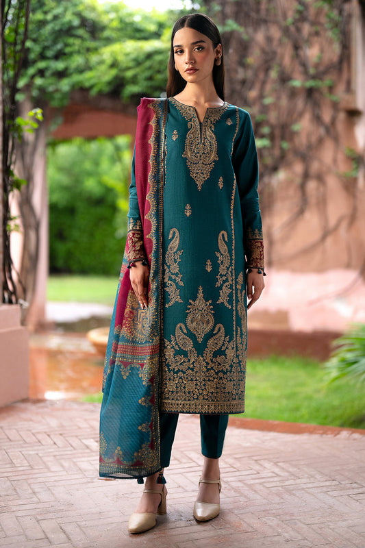 JAZMIN- 3PC DHANAK EMBROIDERED SHIRT WITH WOOL PRINT SHAWL AND TROUSER-BIC-3305-A