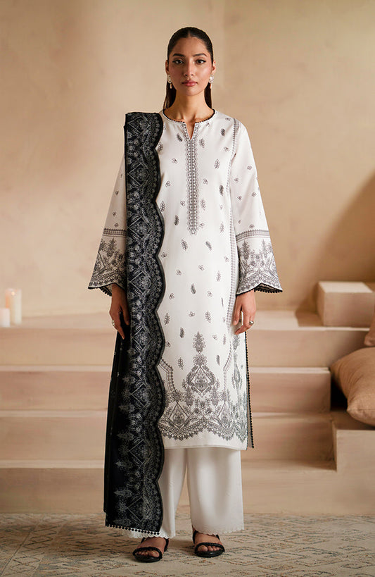 SERAN - 3PC DHANAK EMBROIDERED SHIRT WITH DHA COUTURE WOOL PRINT SHAWL AND TROUSER-BIC-3163