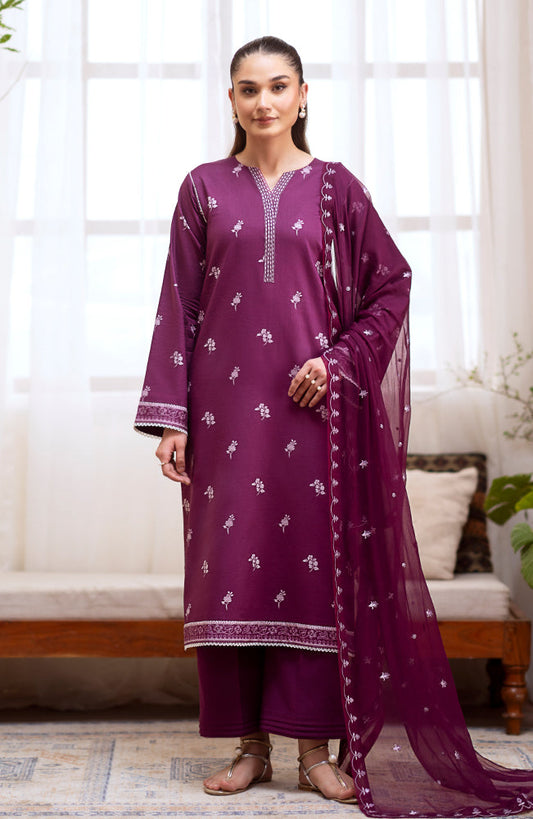 SERAN-3PC DHANAK EMBROIDRED SHIRT WITH DHANAK EMBROIDRED SHAWL AND TROUSER-BIC-