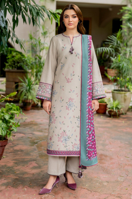 JAZMIN-3PC DHANAK EMBROIDRED SHIRT WITH WOOL PRINT SHAWL AND TROUSER-BIC-3281