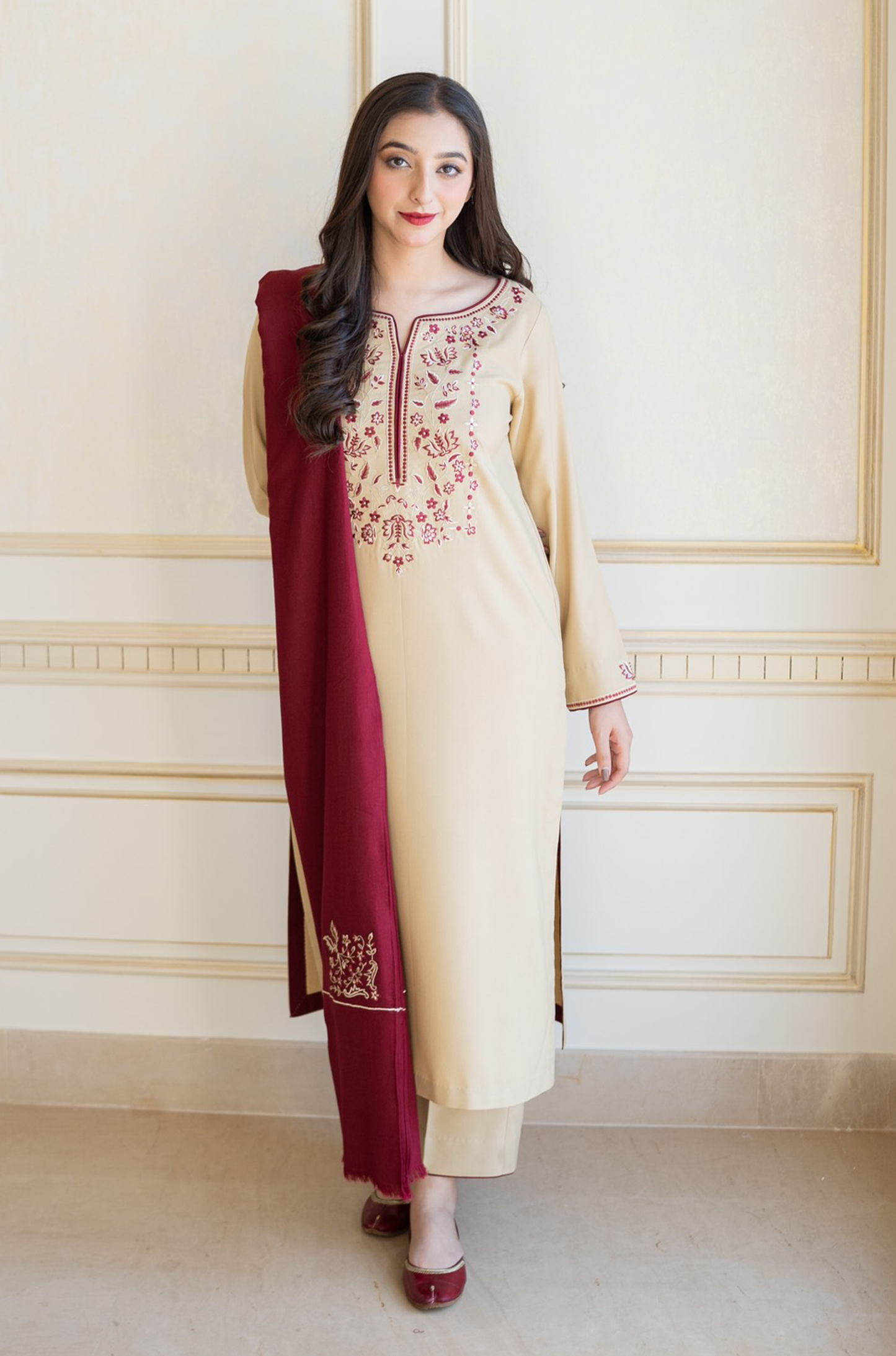 AISLING - 3PC DHANAK EMBROIDERED SHIRT WITH EMBROIDERED DHANAK SHAWL AND TROUSER-BIC-3131