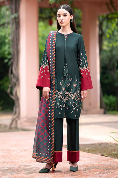 JAZMIN-3PC DHANAK EMBROIDRED SHIRT WITH WOOL PRINT SHAWL AND TROUSER-BIC-3288