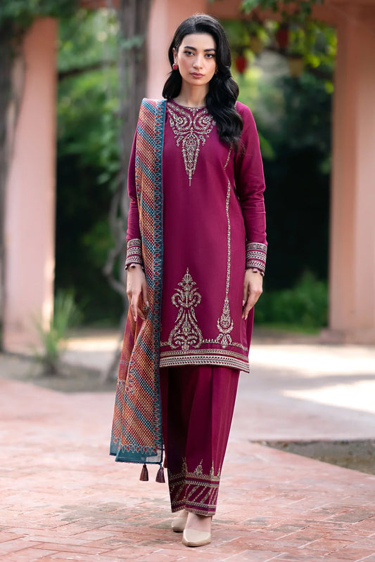 JAZMIN - 3PC DHANAK EMBROIDERED SHIRT WITH WOOL PRINTED SHAWL & TROUSER -BIC-3396