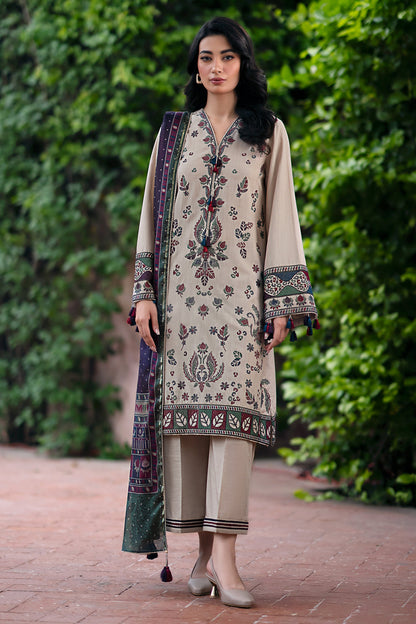 JAZMIN-3PC DHANAK EMBROIDRED SHIRT WITH WOOL PRINT SHAWL AND TROUSER-BIC-3315