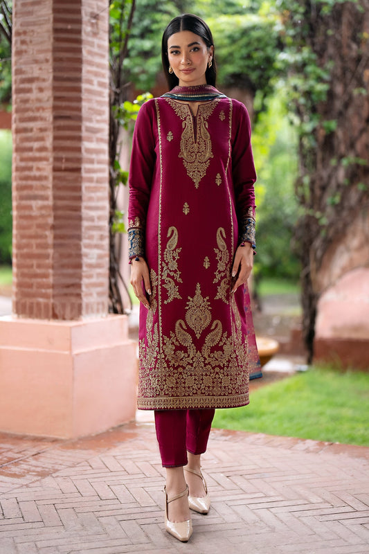 JAZMIN- 3PC DHANAK EMBROIDERED SHIRT WITH WOOL PRINT SHAWL AND TROUSER-BIC-3305-B