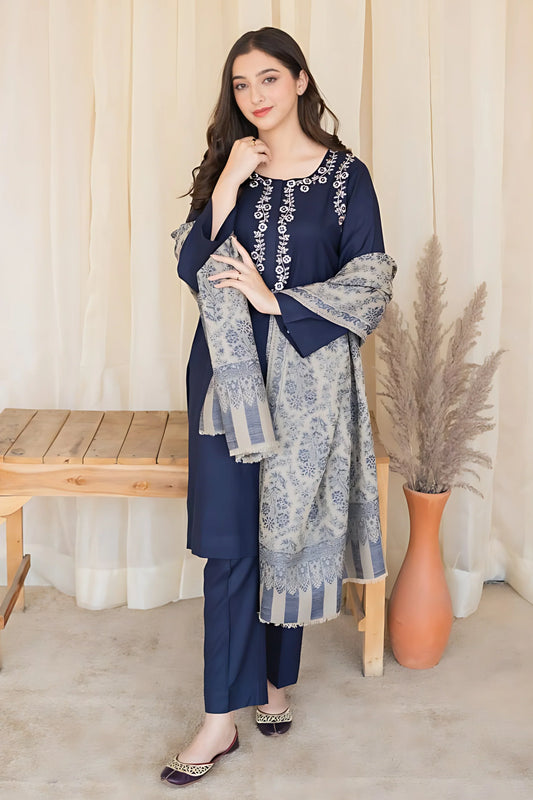 AISLING - 3PC DHANAK EMBROIDERED SHIRT WITH COTURE WOOL PRINTED SHAWL AND TROUSER  -BIC-3197