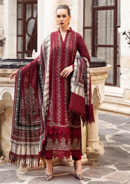 MARIA B - 3PC DHANAK  EMBROIDERED SHIRT WITH COUTURE WOOL PRINT SHAWL AND DHANAK TROUSER-BIC-3110