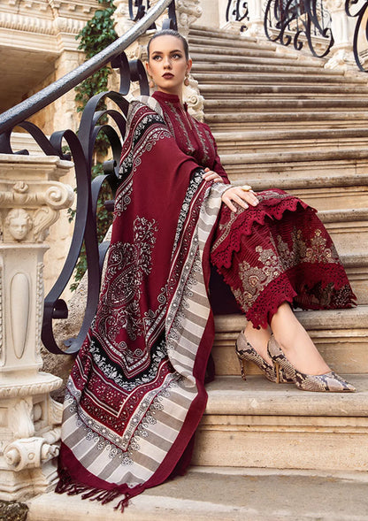 MARIA B - 3PC DHANAK  EMBROIDERED SHIRT WITH COUTURE WOOL PRINT SHAWL AND DHANAK TROUSER-BIC-3110