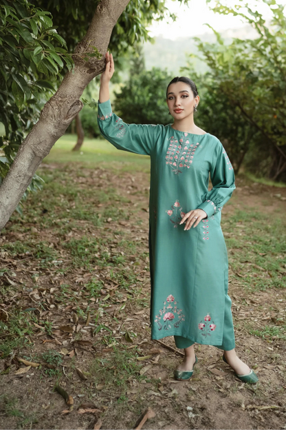 HANA- 2PC DHANAK EMBROIDERED SHIRT WITH DHANAK EMBROIDERED SLEEVES-BIC-3370