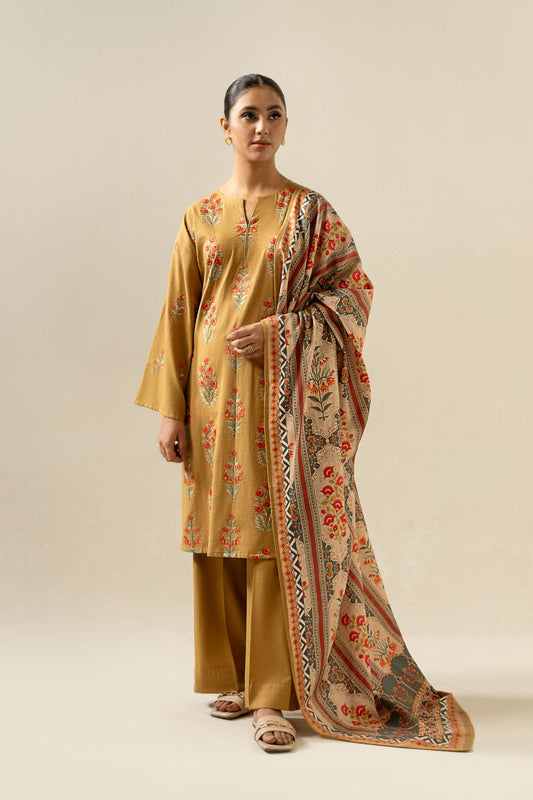 Sapphire- 3PC Dhanak Embroidered Shirt With  Twil Print Wool Shawl & Trouser-BIC-3355