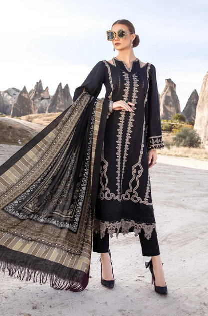 MARIA B - 3PC DHANAK  EMBROIDERED SHIRT WITH COUTURE WOOL PRINT SHAWL AND DHANAK TROUSER-BIC-3110-BLACK