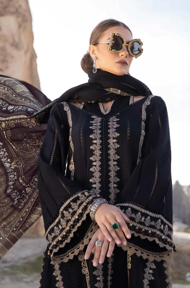 MARIA B - 3PC DHANAK  EMBROIDERED SHIRT WITH COUTURE WOOL PRINT SHAWL AND DHANAK TROUSER-BIC-3110-BLACK