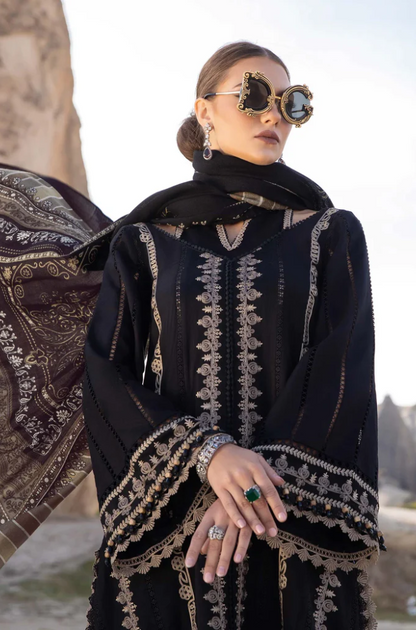 MARIA B - 3PC DHANAK  EMBROIDERED SHIRT WITH COUTURE WOOL PRINT SHAWL AND DHANAK TROUSER-BIC-3110-BLACK