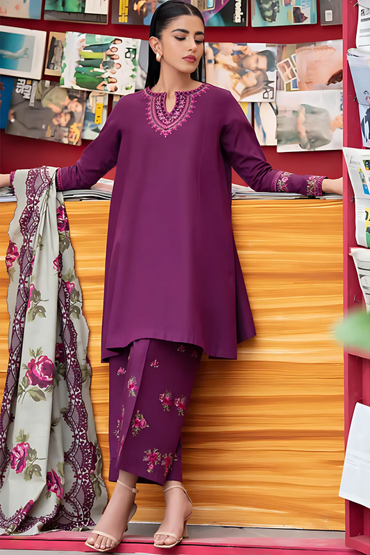 SAPPHIRE - 3PC DHANAK EMBROIDERED SHIRT WITH DHA COUTURE WOOL PRINT SHAWL AND TROUSER-BIC-3170