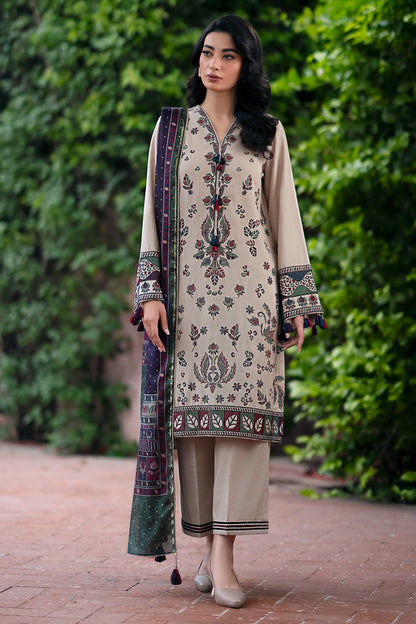 JAZMIN-3PC DHANAK EMBROIDRED SHIRT WITH WOOL PRINT SHAWL AND TROUSER-BIC-3315