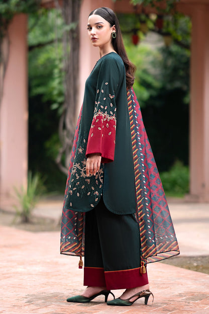 JAZMIN-3PC DHANAK EMBROIDRED SHIRT WITH WOOL PRINT SHAWL AND TROUSER-BIC-3288